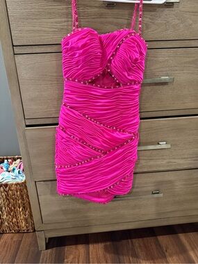 Ruched Hot Pink Mini Dress with Beaded Trim